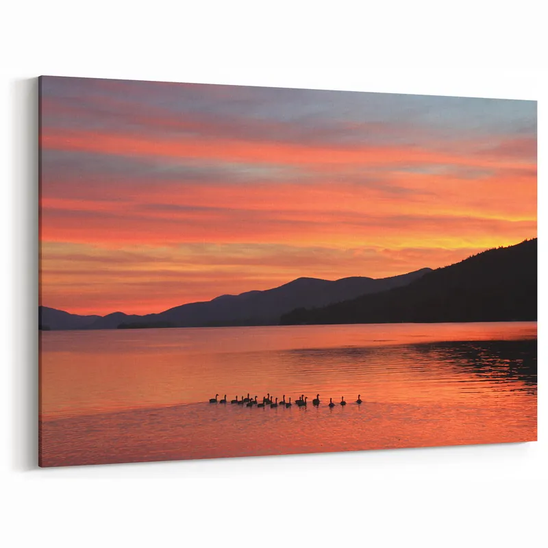 Handmade Adirondacks Wall Art – Scenic Sunset Over Lake with Ducks and Mountains