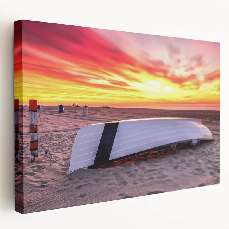 Top Rated New Jersey Beach Art – Sunset Over Sand and Boat Scenic Photography