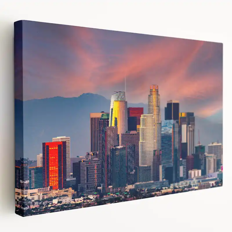 Place Order Downtown LA Sunset Skyline - Vibrant Skyscrapers Against Dramatic Sky