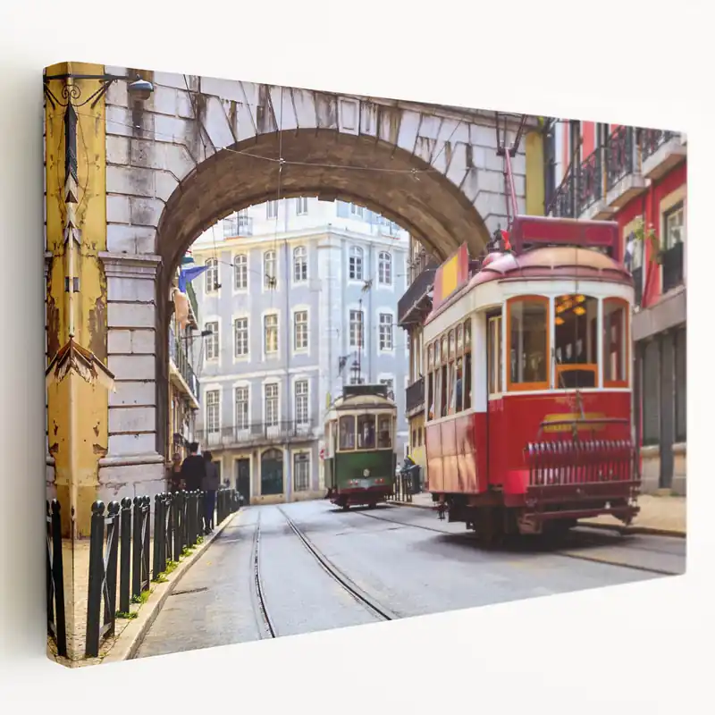 Lisbon Wall Art - Classic Trams in Baixa District Under Stone Archway Markdown