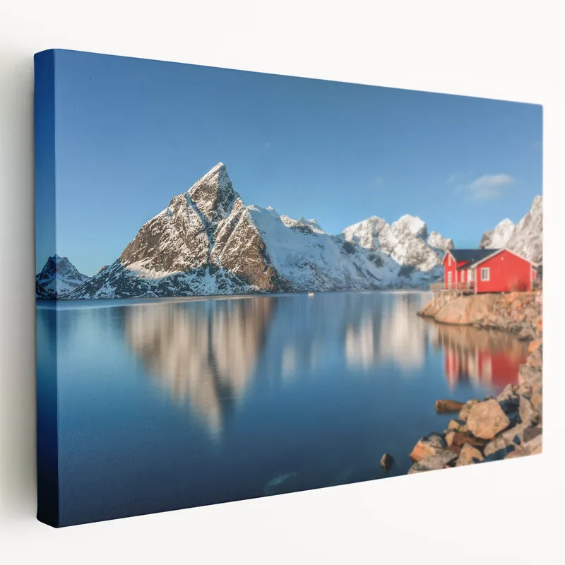 Warranty Included Fjords of Norway Canvas - Scenic Red Cabin by Snowy Mountains