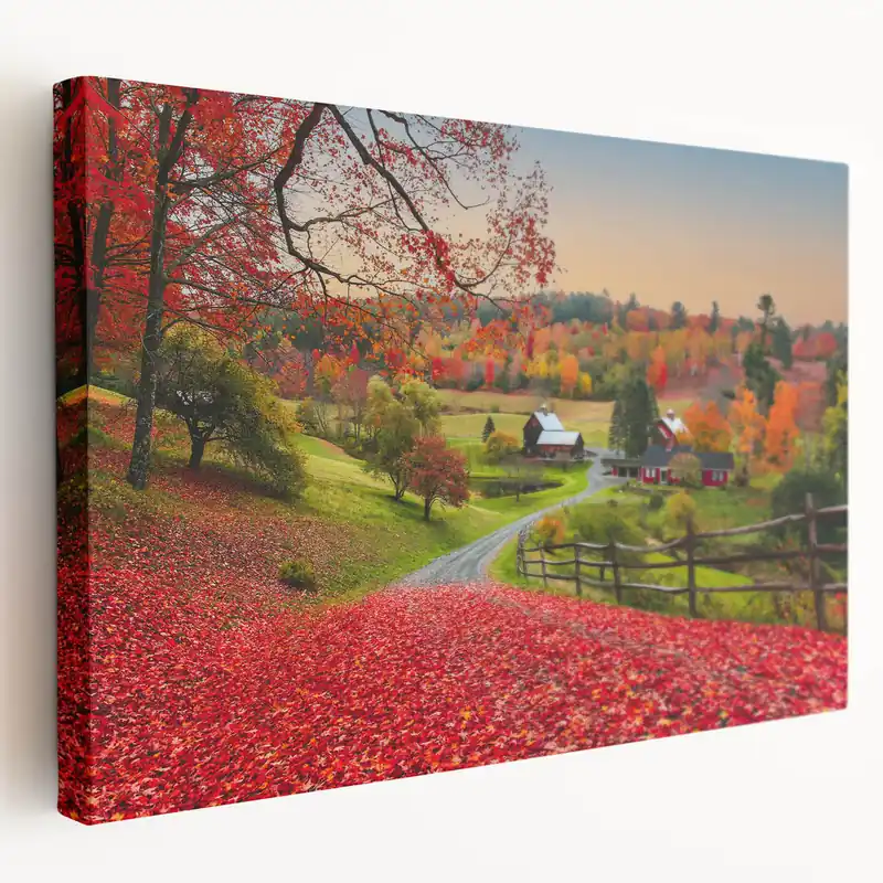 Price Drop Vermont Nature Art - Autumn Farm Scene with Red Leaves Vermont Landscape Print