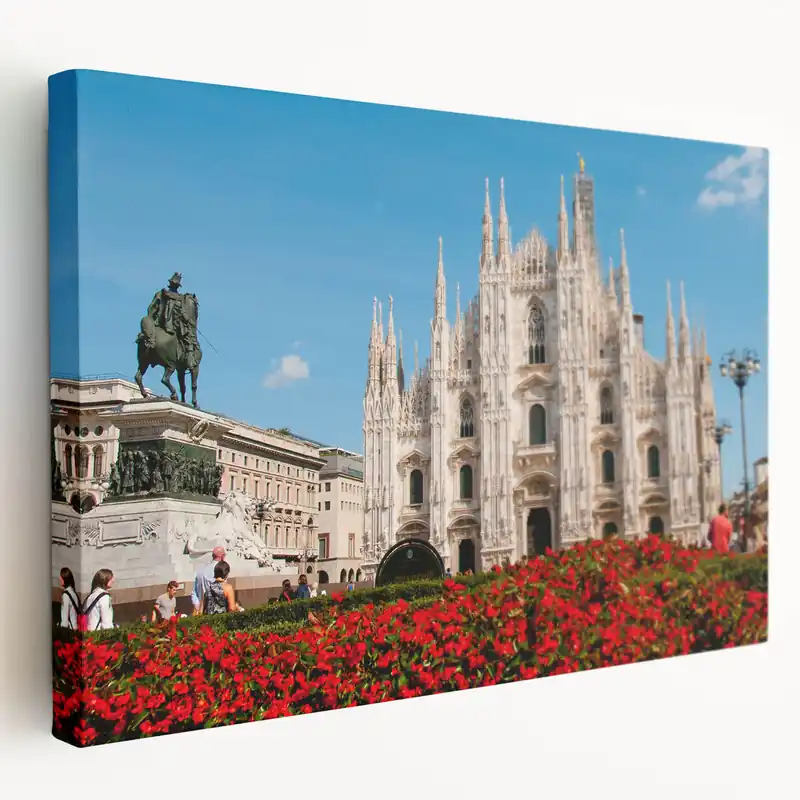 Milan Cityscape Canvas - Duomo di Milano and Piazza Sculpture Art Hassle-Free Returns