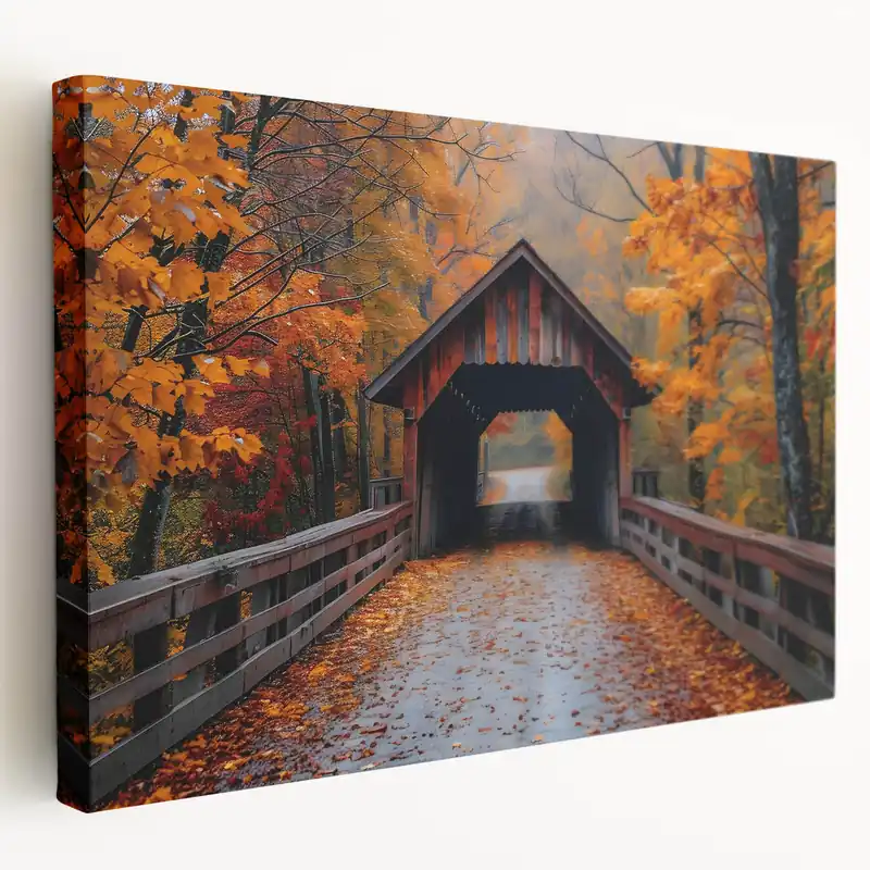 Autumn Covered Bridge Wall Art – Vibrant Fall Landscape Canvas Prints Limited Offer