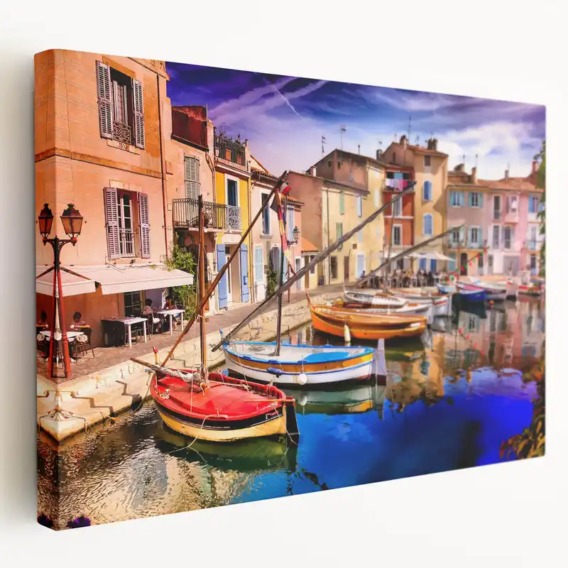 Order Now Provence Wall Art - French Country Scene with Colorful Boats and Buildings