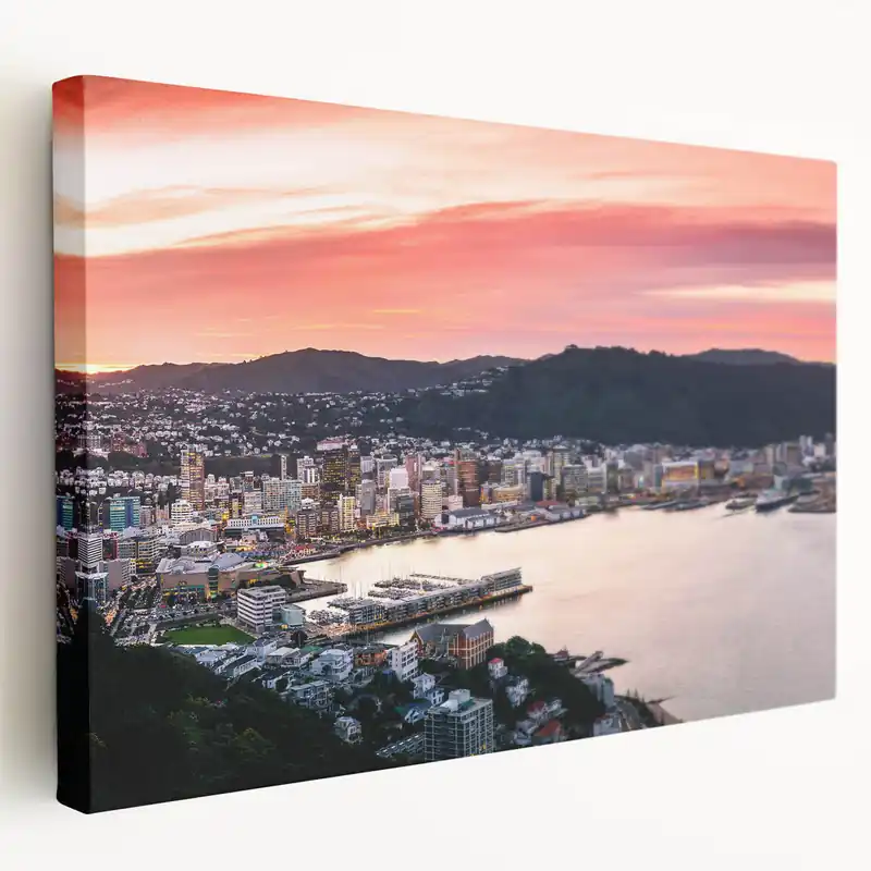 Wellington Harbor Sunset Art – Vibrant Cityscape Canvas Print of New Zealand Trending