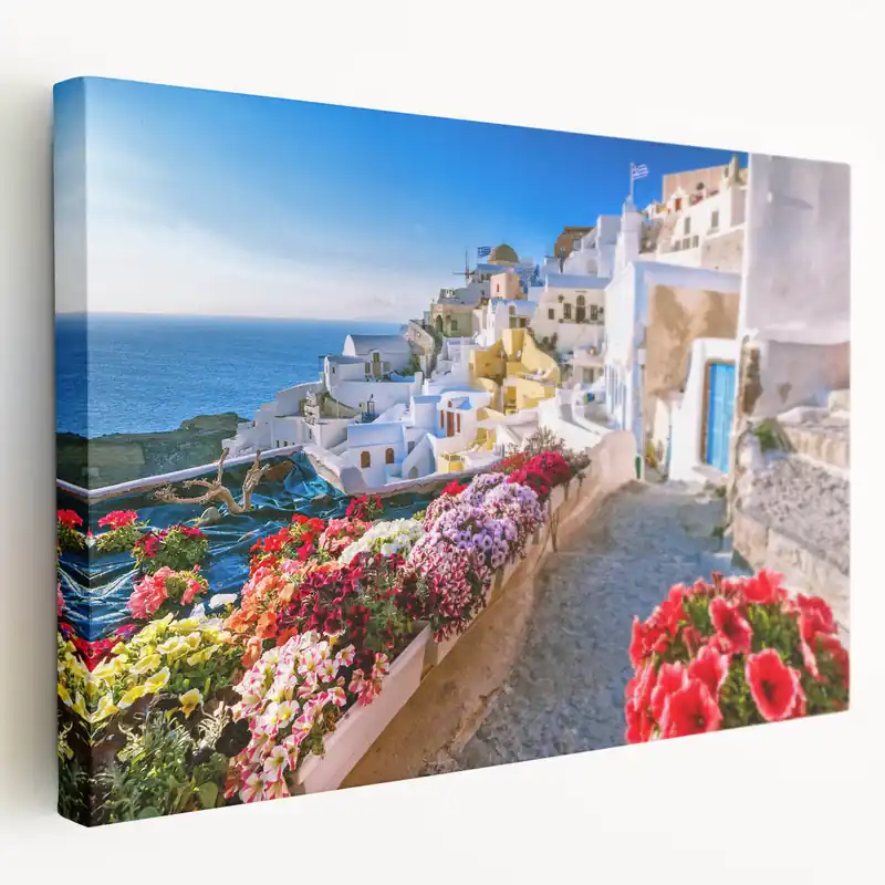 Crete Canvas Prints - Greek Village with Colorful Flowers and Sea View Weekend Sale
