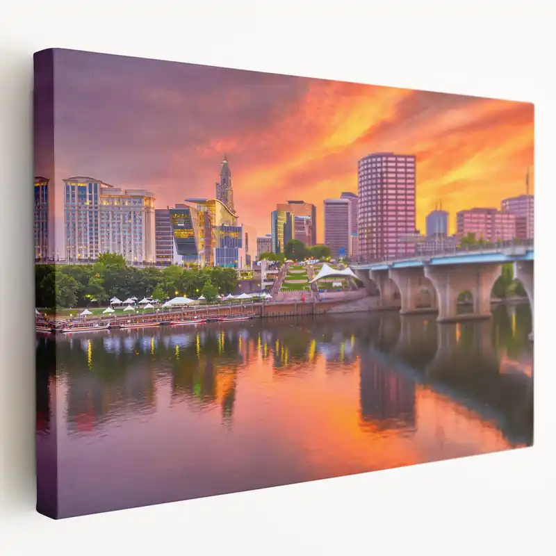 Connecticut Scenery Prints - Hartford Skyline with Fiery Sunset Canvas Art Hot Deal