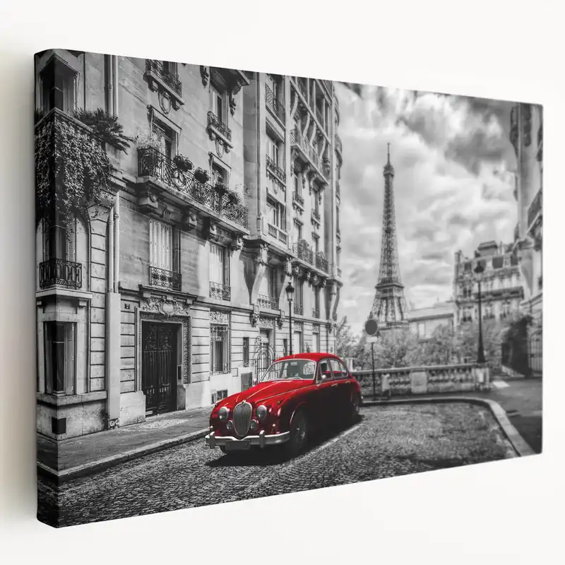 Eiffel Tower Art - Paris Wall Art with Red Vintage Car for French Decor Genuine