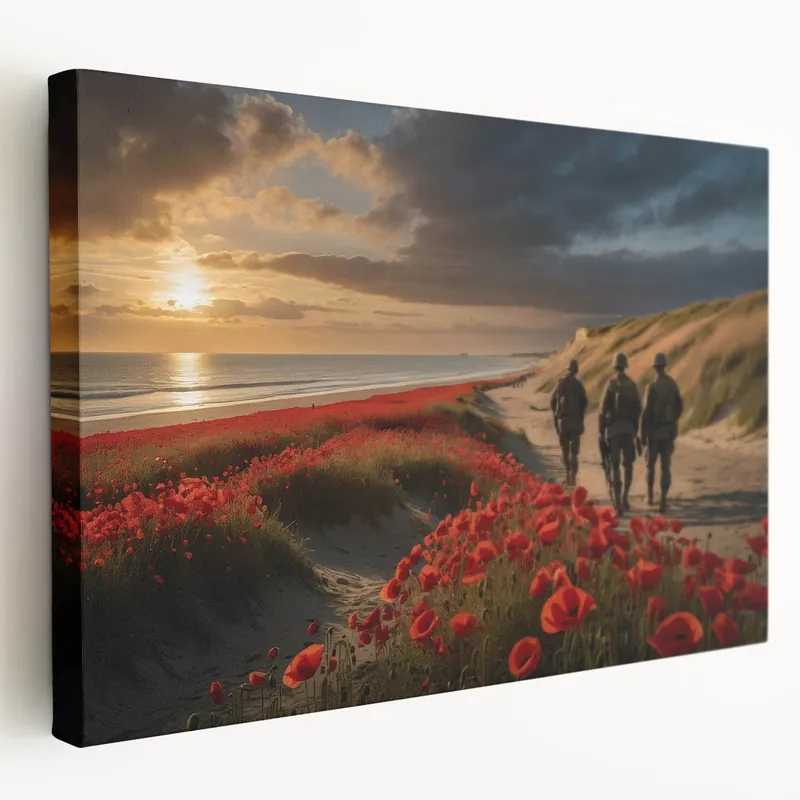 Normandy Canvas Art - Soldiers at Sunset with Poppies Beach Scene Money Back Guarantee