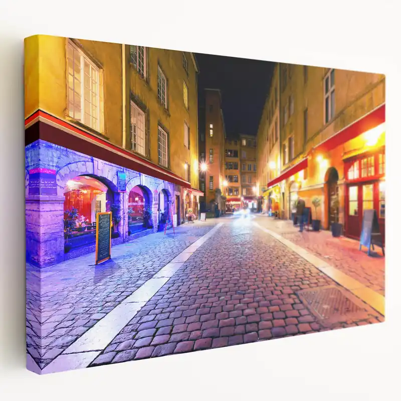 Brand New Lyon Cityscape Print – Vibrant Night Scene of Lyon’s Historic Streets
