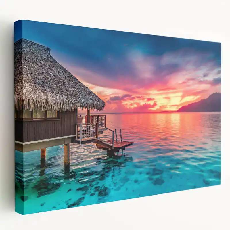 Tahiti Sunset Bliss - Overwater Bungalow Canvas Art Fresh Stock