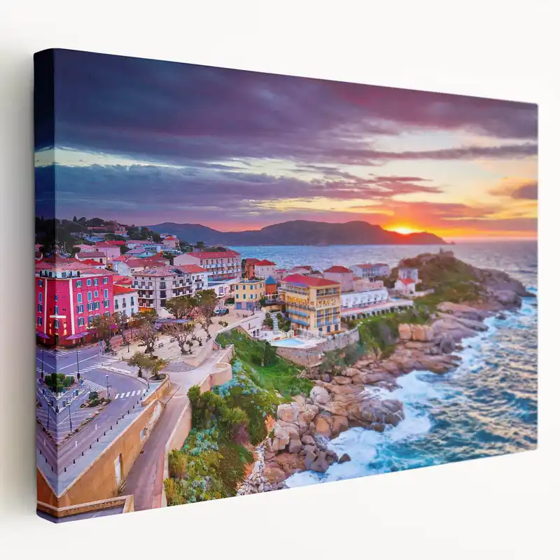 One Day Deal France Regional Art: Corsica - Vibrant Coastal Town at Sunset Scenic Print