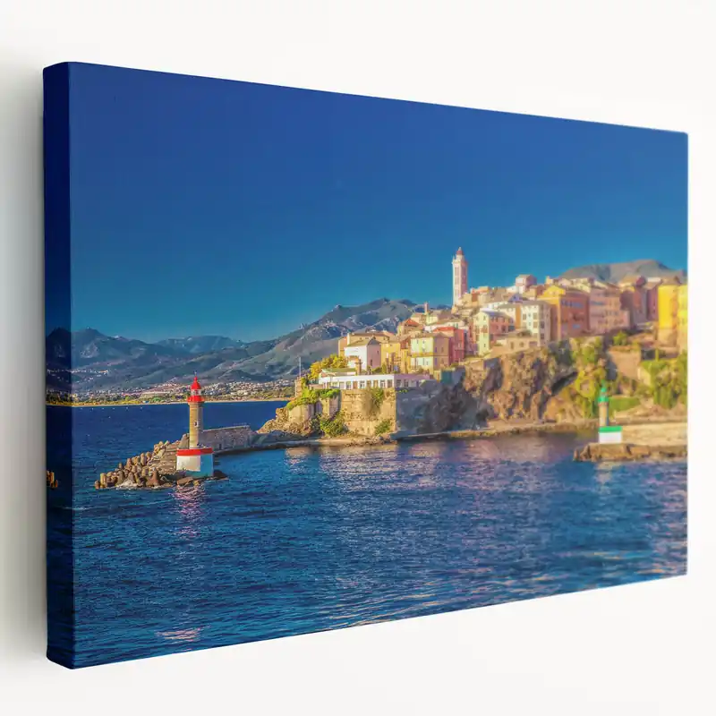 Hassle-Free Returns France Regional Art: Corsica - Vibrant Coastal Town with Lighthouse Print