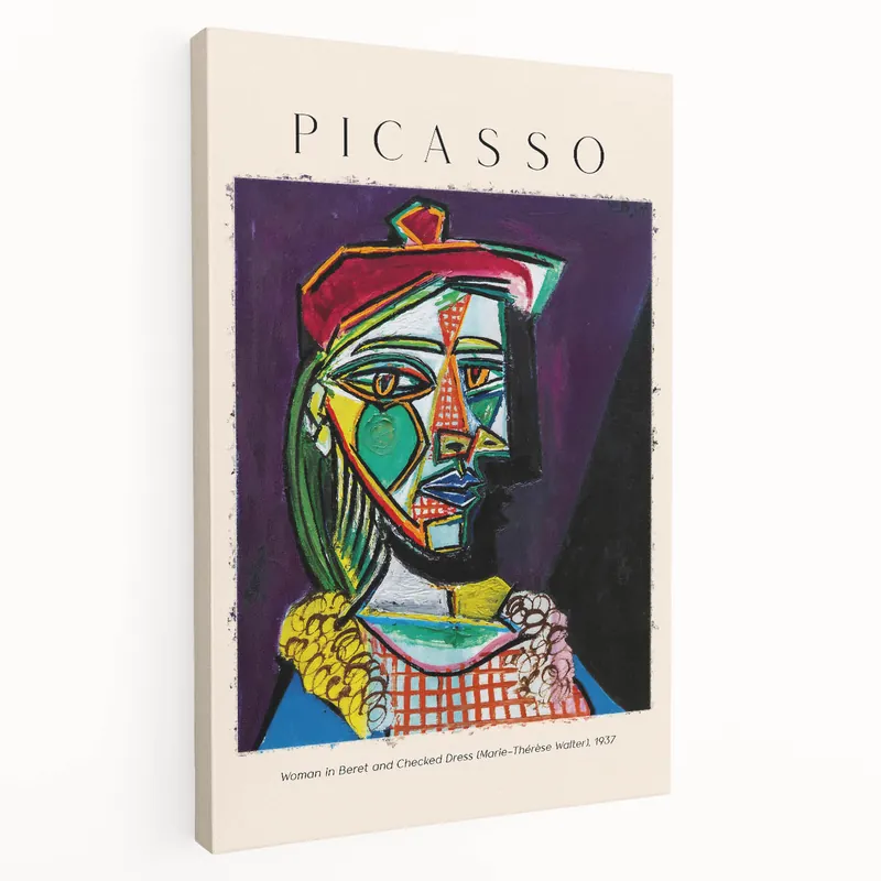 Picasso Wall Art | Woman in Beret and Checked Dress | Cubist Canvas Print Holiday Sale