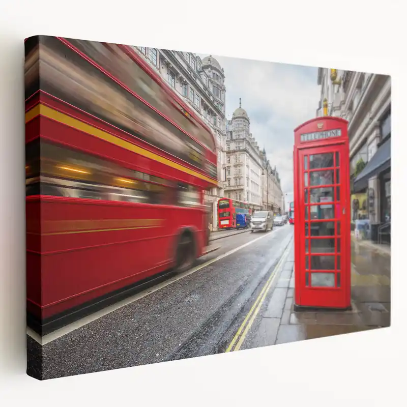 London Street Art Canvas - Red Bus and Telephone Box on a Busy Street Viral