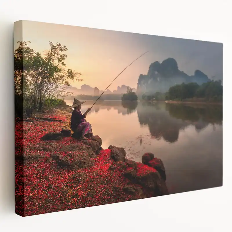 Thai Scenery Prints - Fisherman at Dawn on River Canvas Art Factory Price