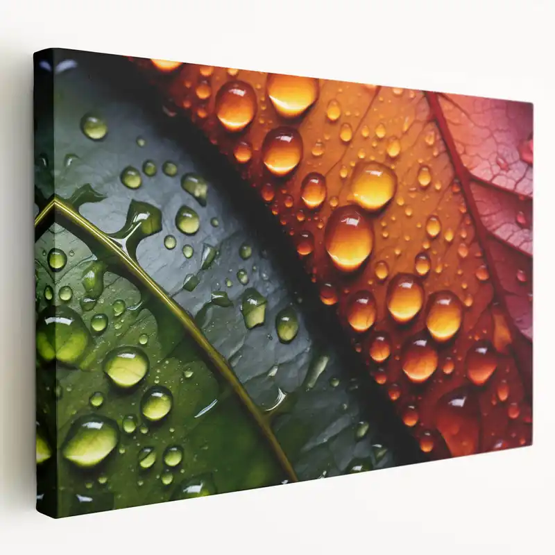 Big Sale Raindrop Green and Red Leaf Wall Art: Vibrant Nature-Inspired Canvas Print