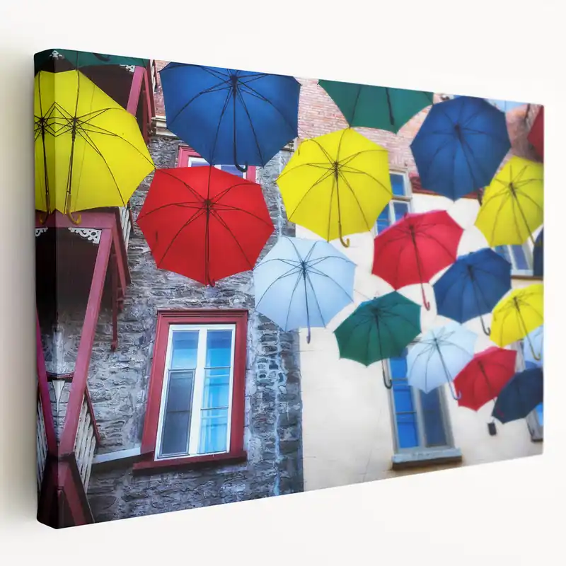 Worldwide Shipping Colorful Umbrellas in Quebec Wall Art – Vibrant Street Photography Print