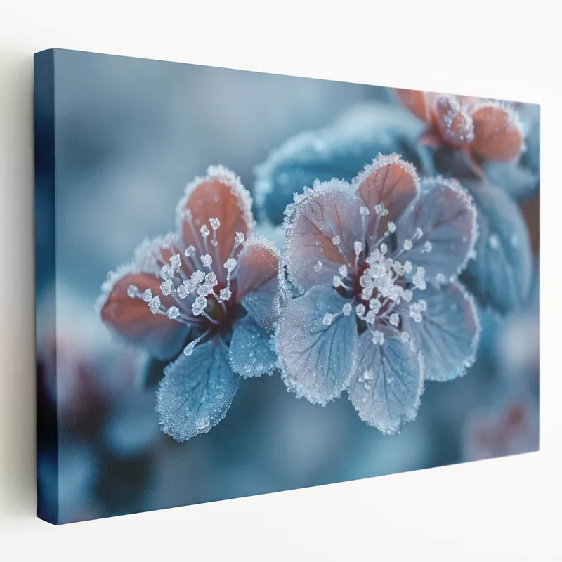 Viral Frost-Kissed Blue and Red Flowers – Nature’s Winter Close-Up Wall Art