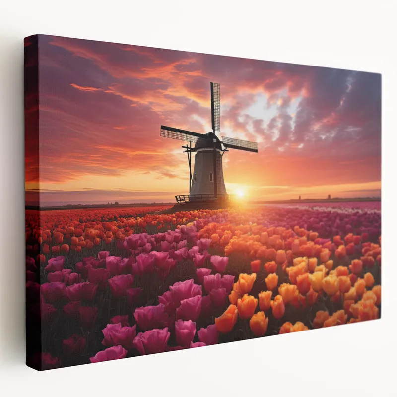 Sunset Tulip Field Wall Art – Colorful Tulips with Windmill Canvas Prints Buy Today