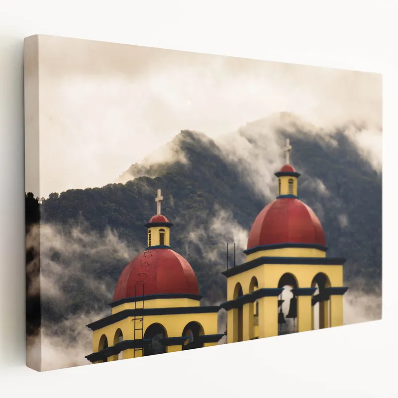 Vibrant Oaxaca Wall Art - Mexican Church and Mountain Scenery Print Modern