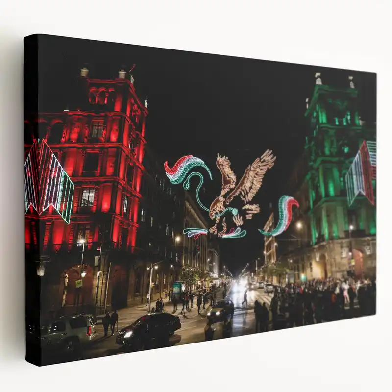 Price Cut Mexico City Festive Art - Illuminated Eagle and Flag Street Scene Canvas