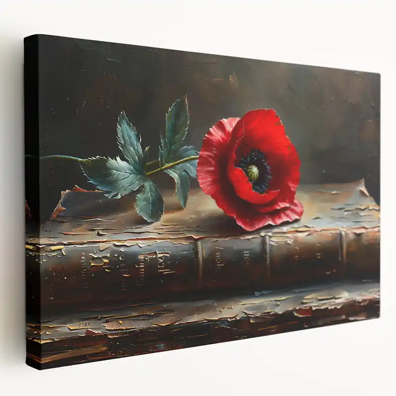 Vintage Red Poppy on Antique Book Canvas – Timeless Floral Wall Art Exclusive