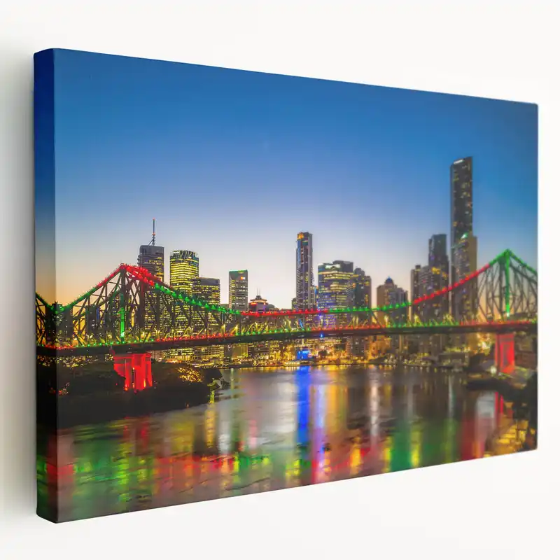 Money Back Guarantee Brisbane Lit Bridge and Skyline - Vibrant Night Cityscape Wall Art