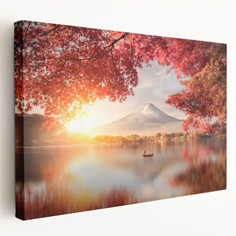 Limited Edition Mount Fuji Art Print – Autumn Sunrise Over Lake with Vibrant Red Leaves