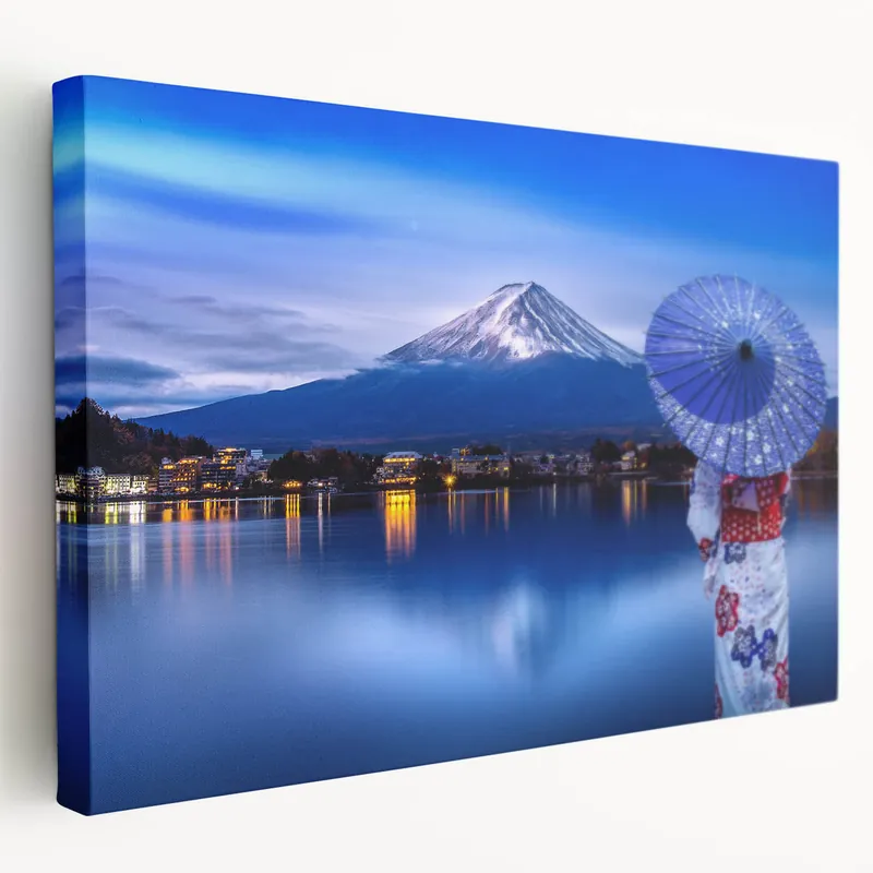 Price Cut Mount Fuji Art Print – Serene Lake View with Traditional Japanese Umbrella
