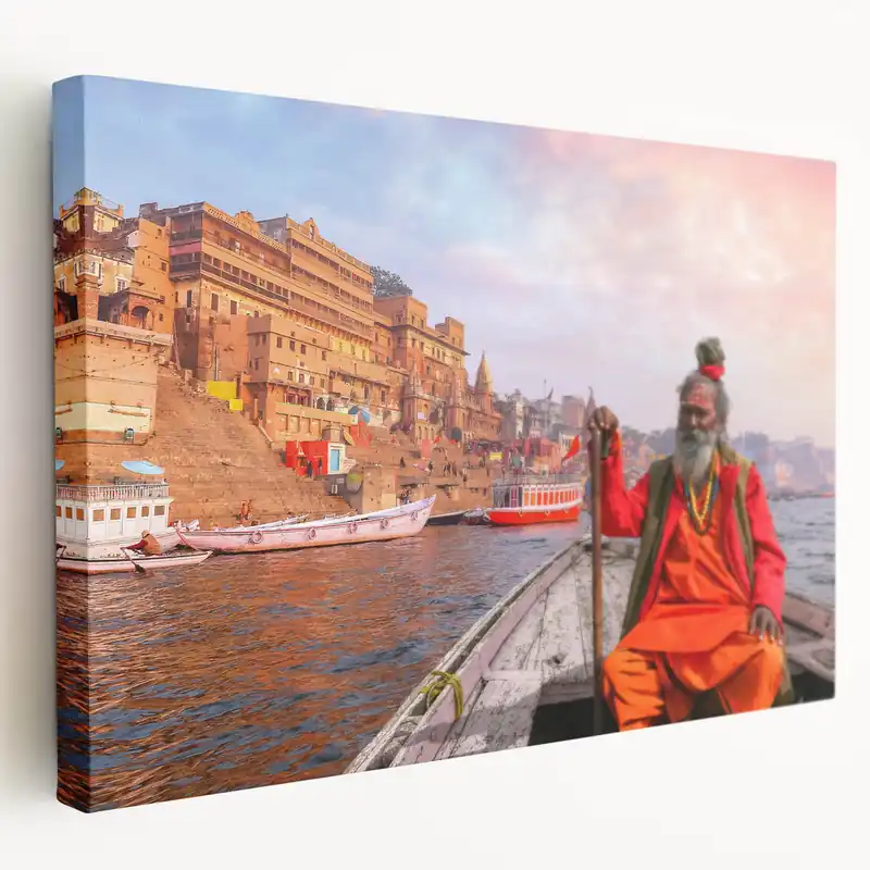 Indian Scenery Wall Decor - Colorful Varanasi Ghats with Holy Man Artwork Modern