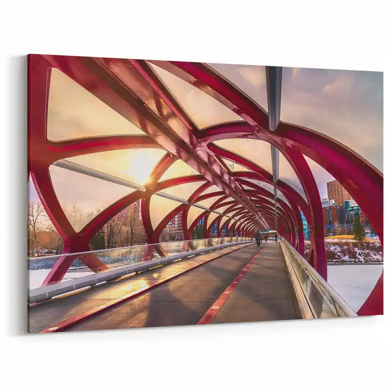 Fresh Stock Alberta Urban Art - Peace Bridge at Sunrise in Calgary Cityscape