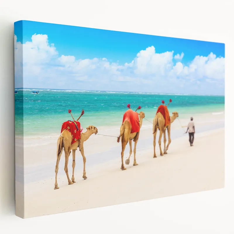 Colorful Camels on Kenyan Beach - Vibrant African Coastal Wall Art Budget