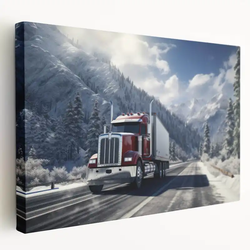 Red Semi Truck on Winter Road - Bold Truck Canvas Wall Art for Decor Last Chance