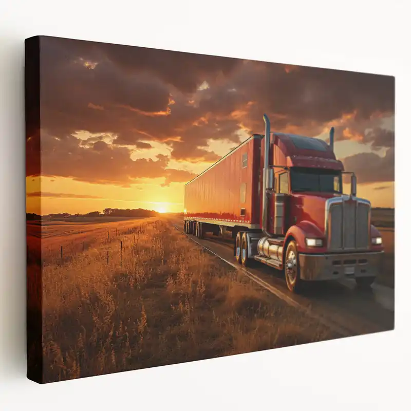 Place Order Sunset Highway Truck - Bold Red Semi Truck Wall Art for Home Decor