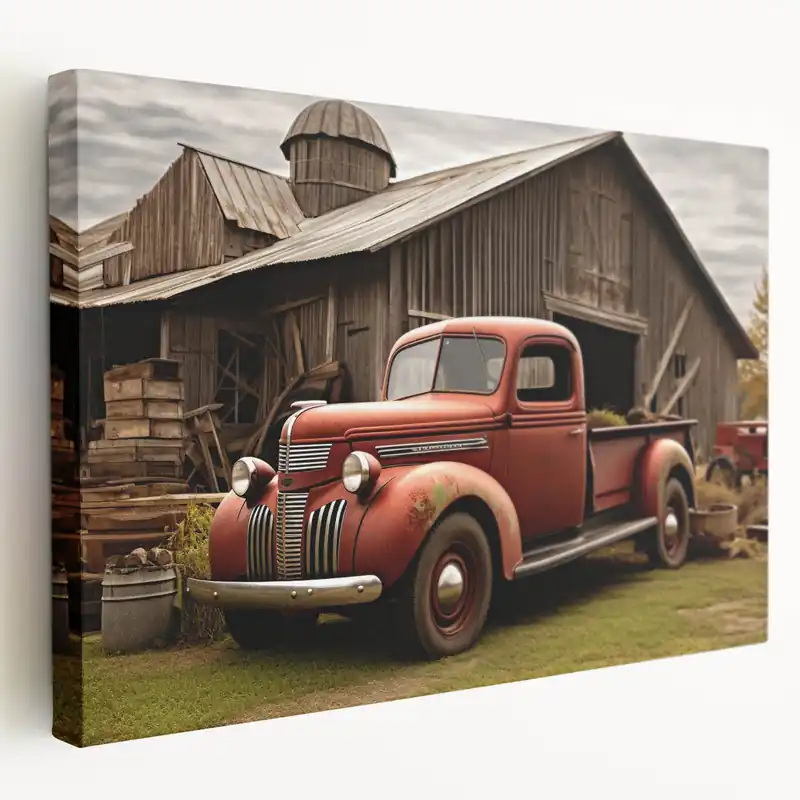 Grab Now Rustic Red Vintage Truck by Barn - Classic Truck Canvas Wall Art