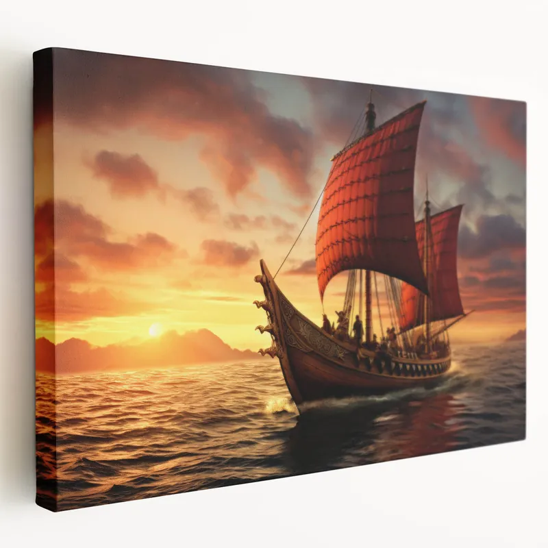 Viking Sunset Voyage - Nautical Canvas Art | Red Sailboat Print Hot Deal