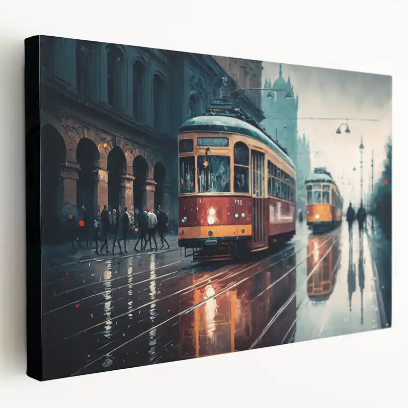 Urban Rainy Day Tram Wall Art - Vintage Service Vehicle Print Order Now