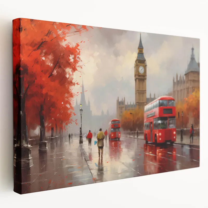 Autumn London Street Art - Red Buses & Big Ben Canvas Painting Bargain