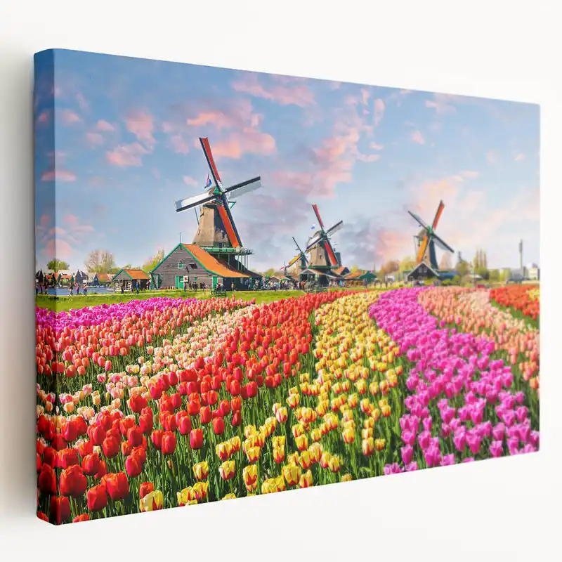 Lively Windmills & Tulips Art - Colorful Dutch Landscape Print Deal