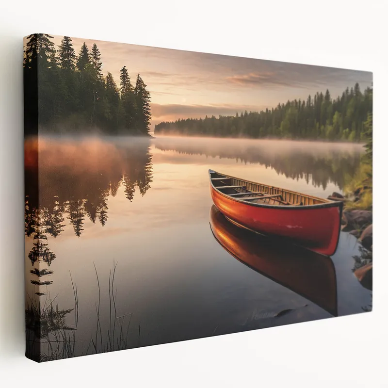 Fresh Stock Sunset Rowboat on Misty Lake - Warm Coastal Wall Art Print