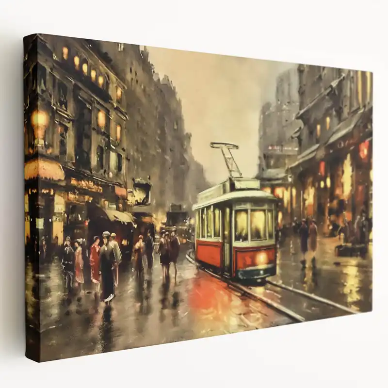 Limited Edition Vintage City Tram Art - Classic Urban Street Scene Canvas - Nostalgic Decor