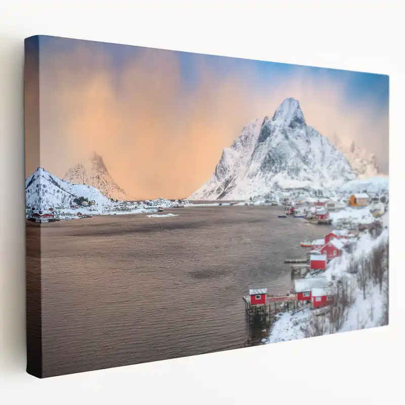Arctic Village Serenity - Snow-Covered Mountains & Fjord Canvas Art Price Drop