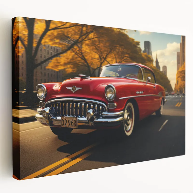 Classic Red Car Art: Vibrant Vintage Vehicle Decor for Urban Spaces Certified