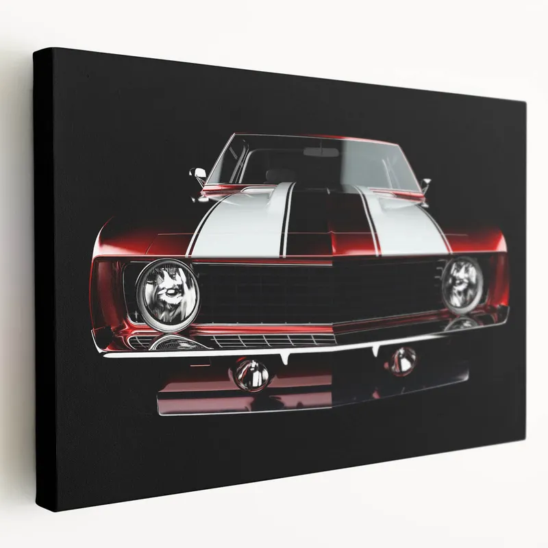 Vintage Muscle Car Wall Art – Striking Red Camaro Racing Car Poster Handmade