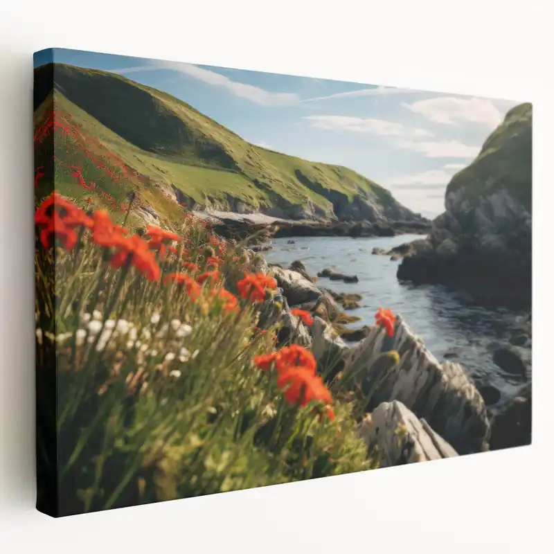 Latest Coastal Countryside Art - Vibrant Wildflowers and Rocky Shoreline Decor