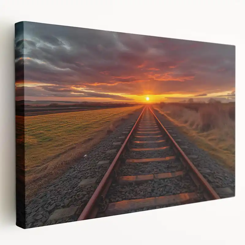 Reduced Price Fiery Sunset Railway Art - Vibrant Train Tracks in Bold Evening Light