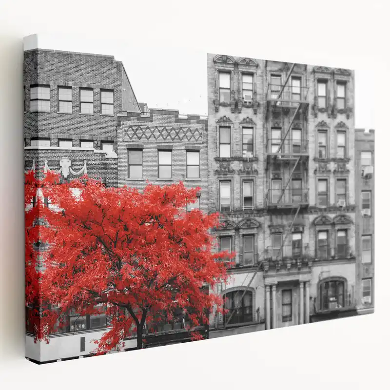 Viral Urban Window Wall Art – Red Tree Against Vintage City Architecture Print