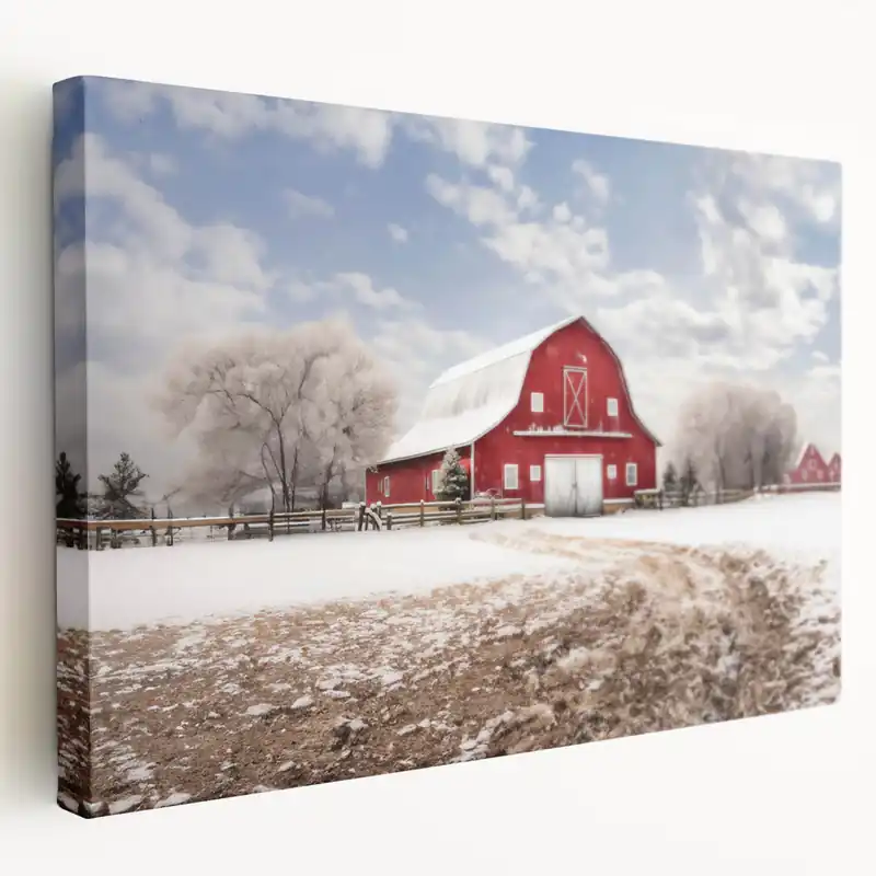 Winter Red Barn Landscape Art – Rustic Snowy Countryside Canvas Print Brand New